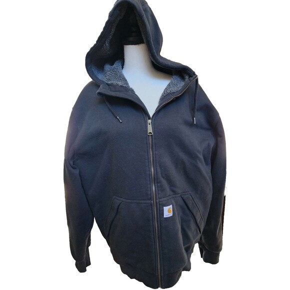 Carhartt Rain Defender Lined Full Zip Jacket Size Large Black Hooded - Picture 1 of 9